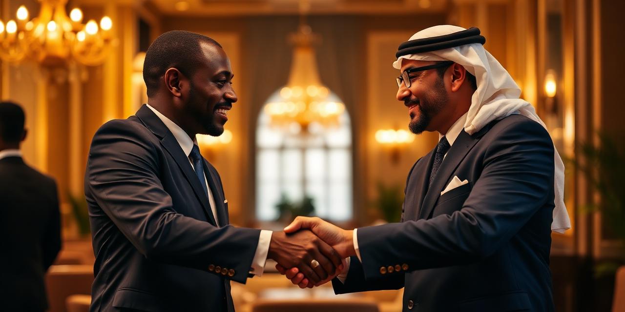 African and Middle Eastern business partners shaking hands in Dubai