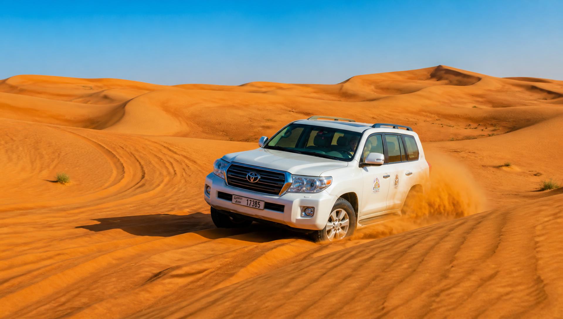 White 4x4 driving over vivid golden sand dunes on a Dubai desert safari