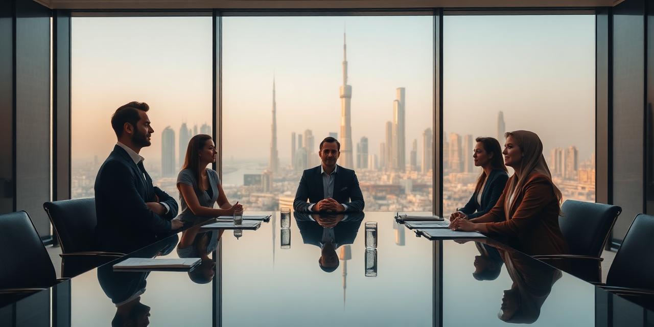Executive boardroom with Dubai skyline representing corporate travel