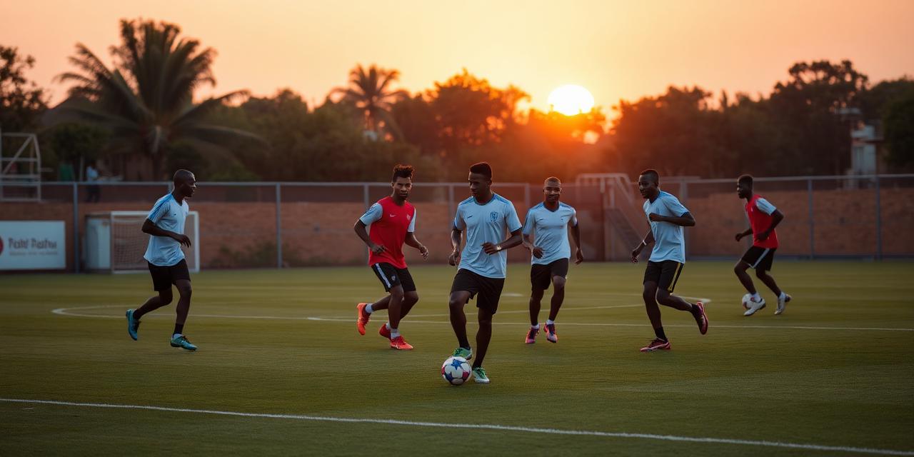 African football players training at sunset representing sports tourism
