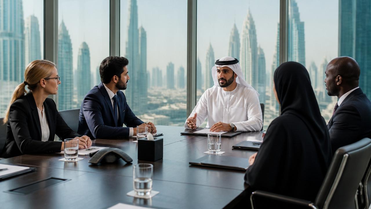 Diverse executives meeting in a Dubai high-rise boardroom