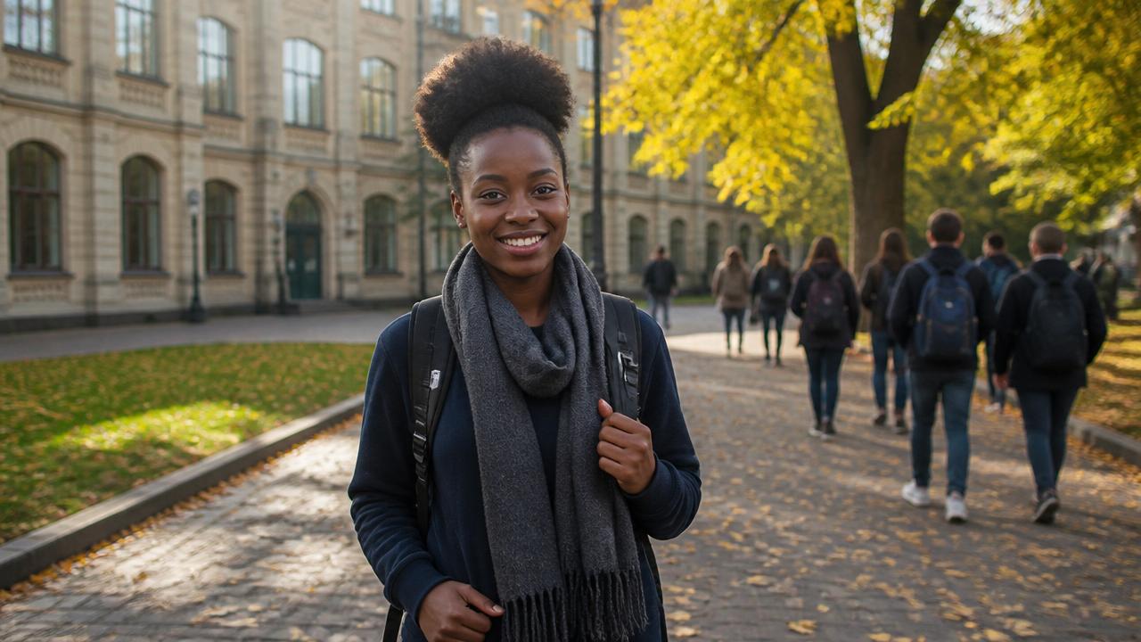 African student walking a European university campus in autumn