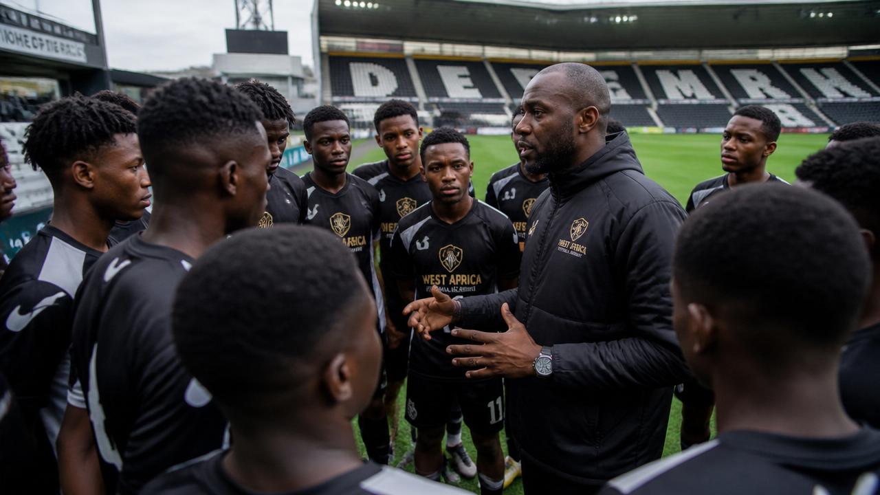 African youth football academy team huddle with coach