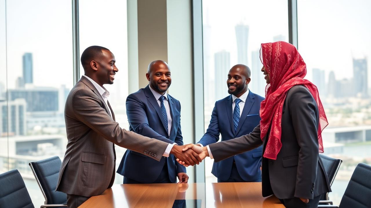 African executives shaking hands in a Dubai boardroom