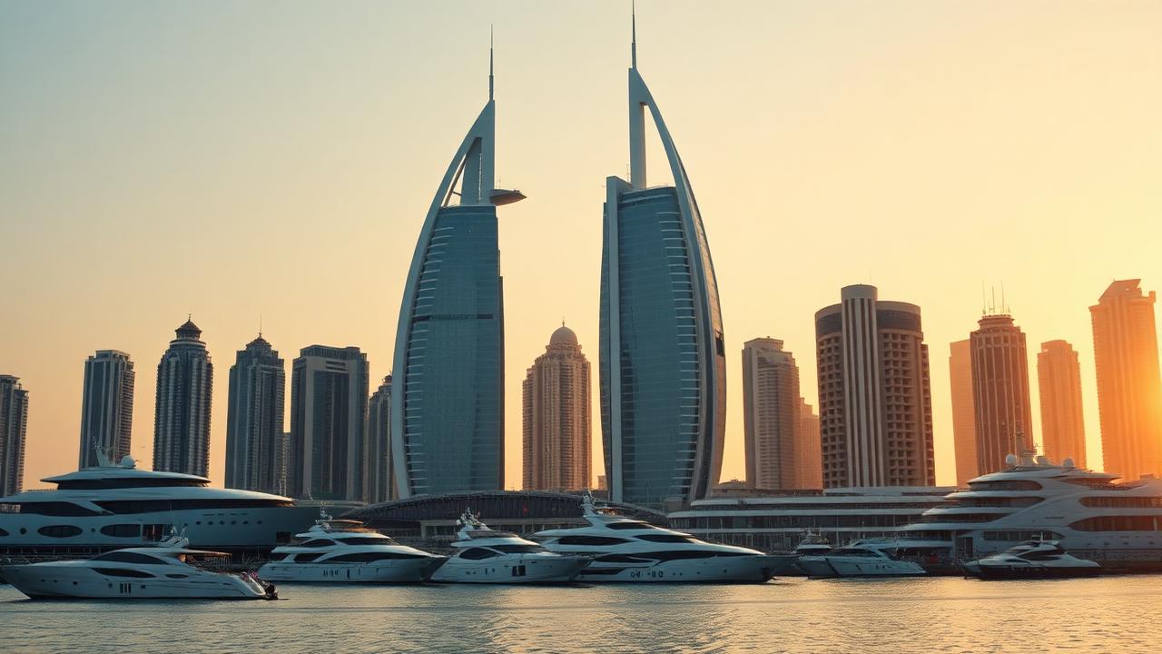 Dubai Marina and Burj Al Arab skyline at golden hour