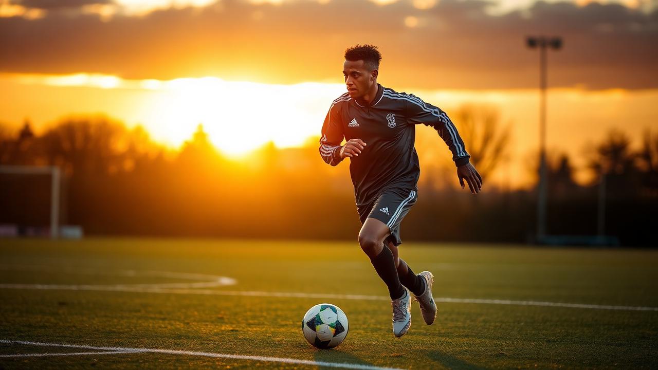 African football player training at sunset