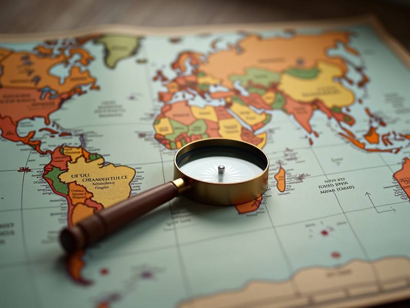 World map with magnifying glass for global travel planning